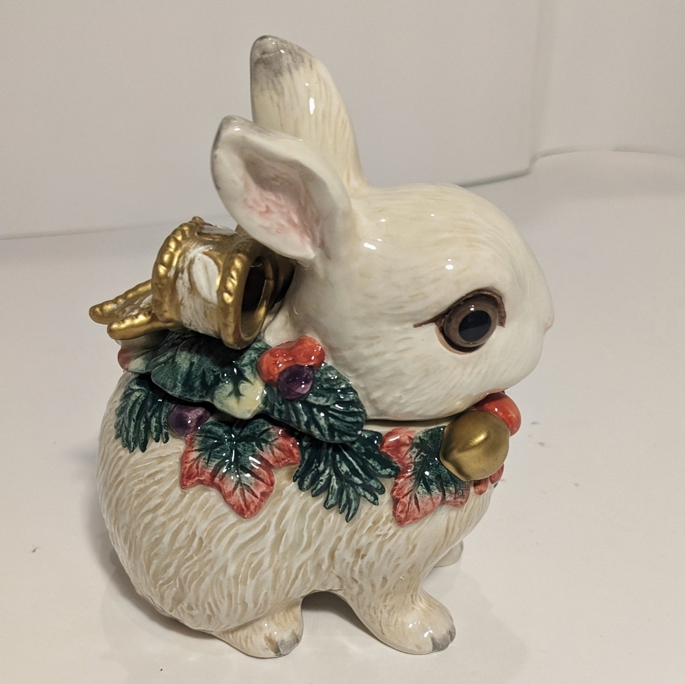 Fitz And Floyd Classics White Bunny Rabbit Trinket Dish W/Lid Gold Bow Greenery - Picture 5 of 11